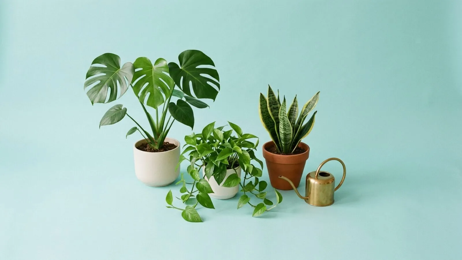 Monstera en pot blanc, pothos retombant, sansevieria en pot de terre cuite et arrosoir en laiton sur fond bleu-vert