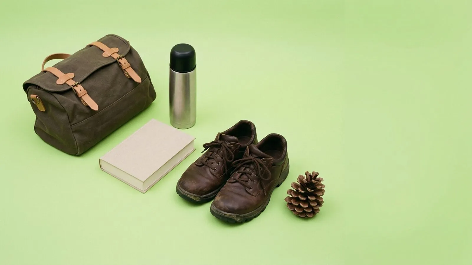 Sac de week-end en toile, thermos en inox, livre broché, chaussures de marche et pomme de pin sur fond vert tendre