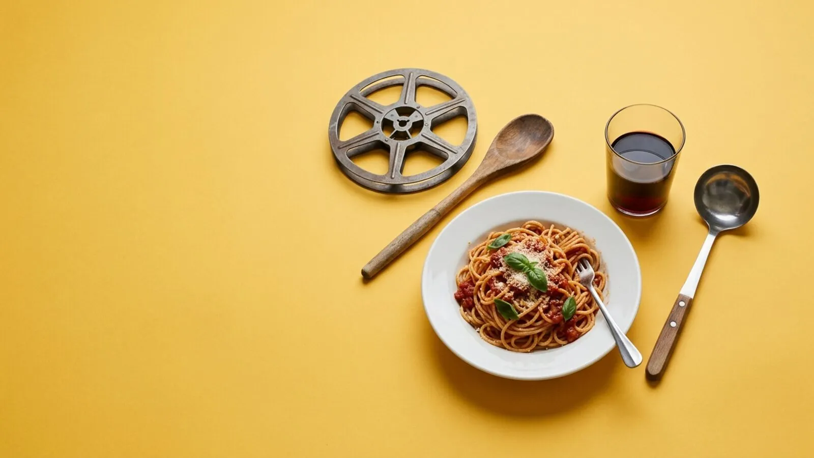 Assiette de spaghettis à la tomate, verre de vin rouge, cuillère en bois, louche et bobine de film sur fond jaune