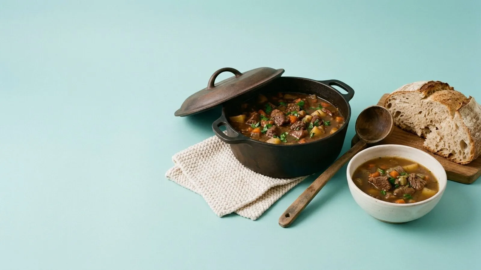 Cocotte en fonte de bœuf mijoté, bol de soupe, pain de campagne, louche en bois et manique en maille sur fond bleu-vert