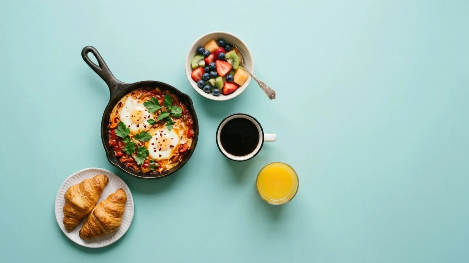 Poêle de chakchouka aux œufs, croissants, salade de fruits, tasse de café et jus d'orange sur fond bleu-vert