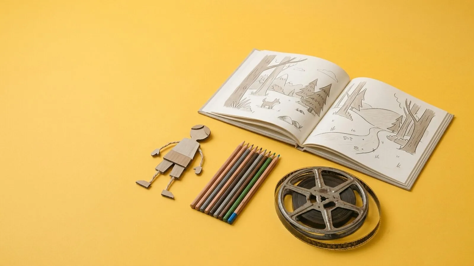 Album illustré ouvert sur une forêt dessinée, crayons de couleur, pantin en carton et bobine de film sur fond jaune