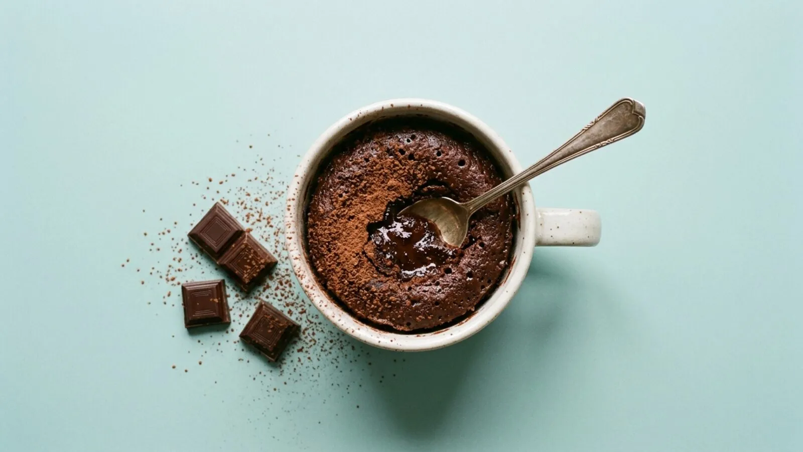 Mug cake au chocolat au cœur coulant dans une tasse en céramique, cuillère et carrés de chocolat sur fond bleu-vert